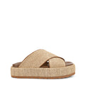 Women's natural weave raffia and tan leather platform footbed slides
