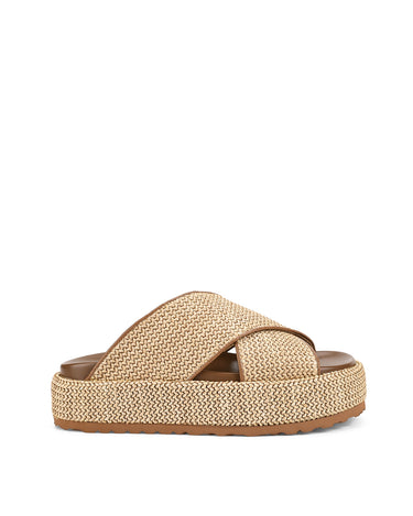 Women's natural weave raffia and tan leather platform footbed slides