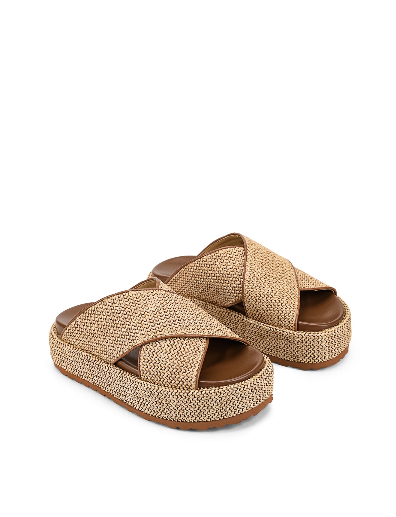Women's natural weave raffia and tan leather platform footbed slides