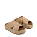 Women's natural weave raffia and tan leather platform footbed slides