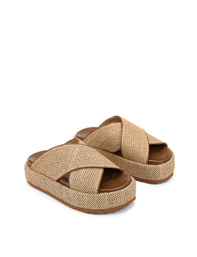 Women's natural weave raffia and tan leather platform footbed slides