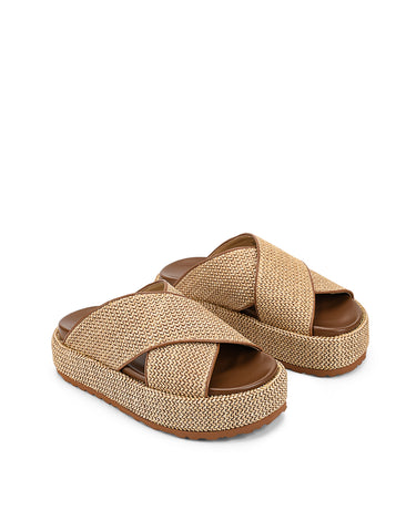Women's natural weave raffia and tan leather platform footbed slides