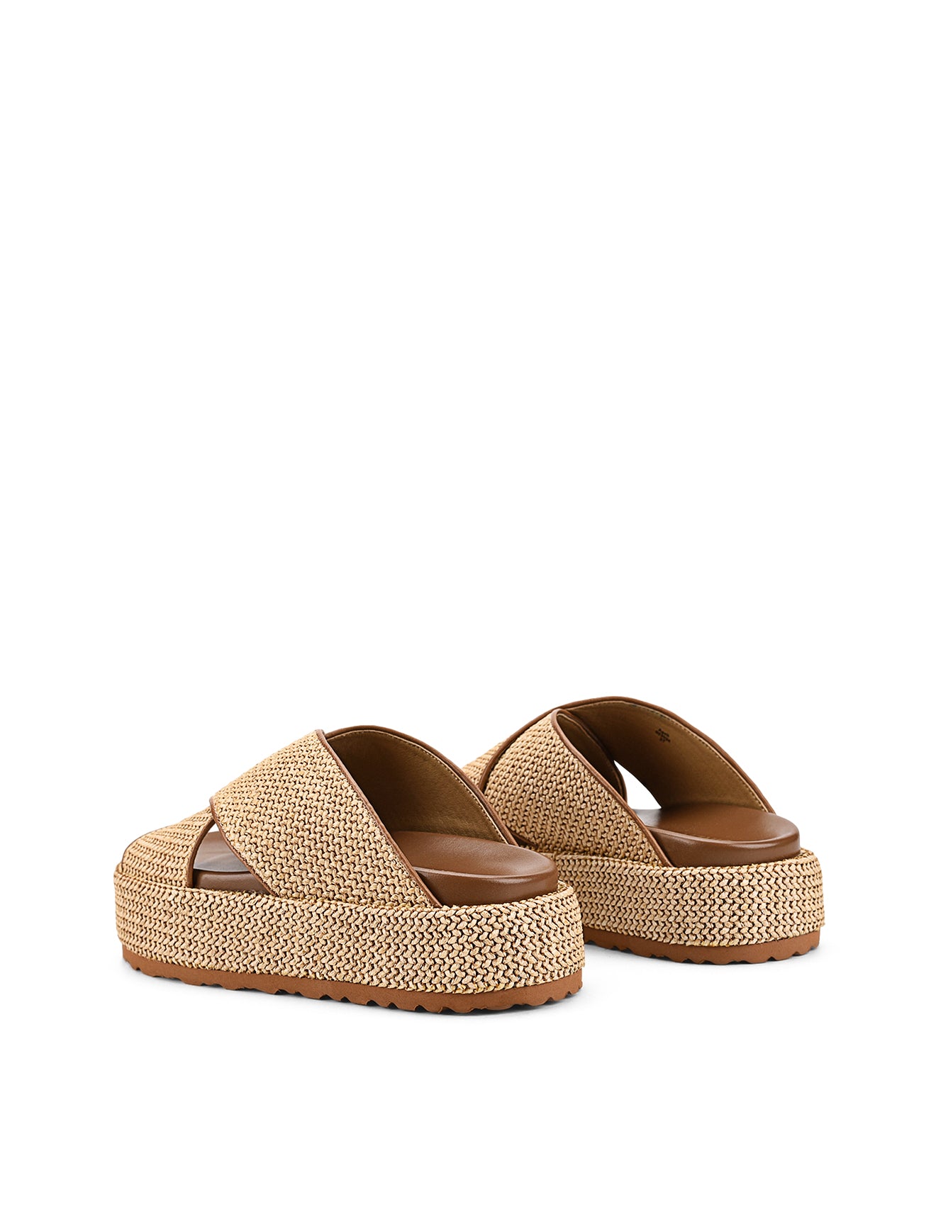 Women's natural weave raffia and tan leather platform footbed slides