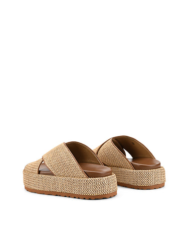 Women's natural weave raffia and tan leather platform footbed slides