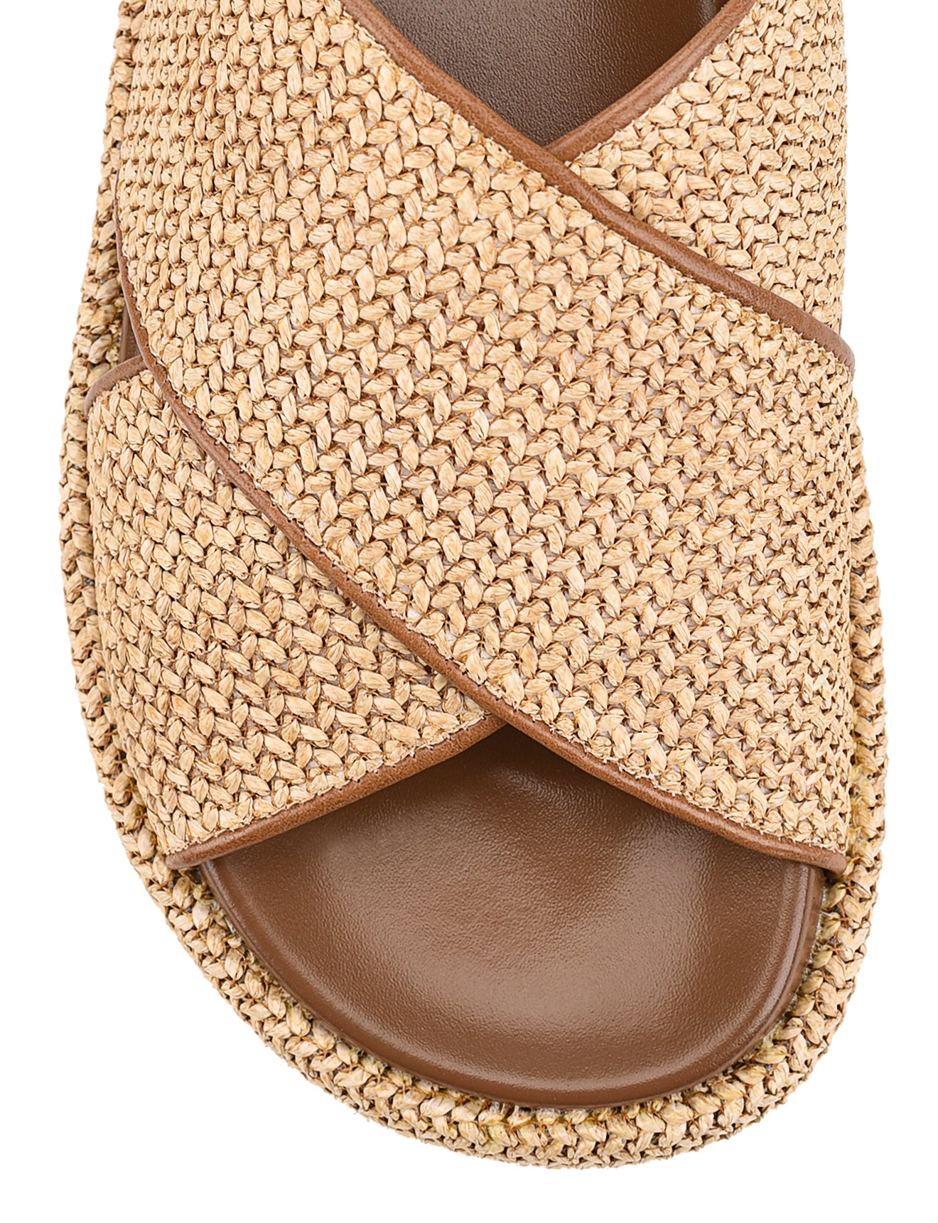 Women's natural weave raffia and tan leather platform footbed slides