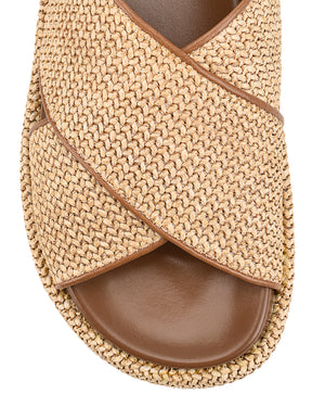 Women's natural weave raffia and tan leather platform footbed slides