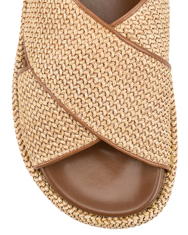 Women's natural weave raffia and tan leather platform footbed slides