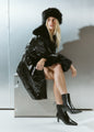 Women's black croc embossed leather heeled ankle boot with elastic gusset and pointed toe