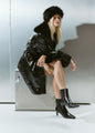Women's black croc embossed leather heeled ankle boot with elastic gusset and pointed toe