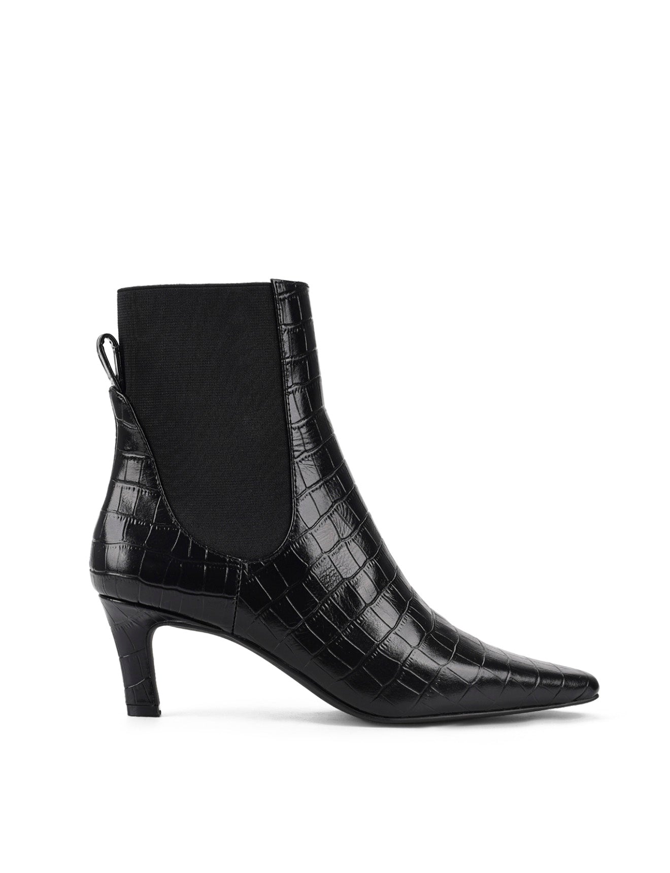 Women's black croc embossed leather heeled ankle boot with elastic gusset and pointed toe