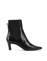 Women's black croc embossed leather heeled ankle boot with elastic gusset and pointed toe