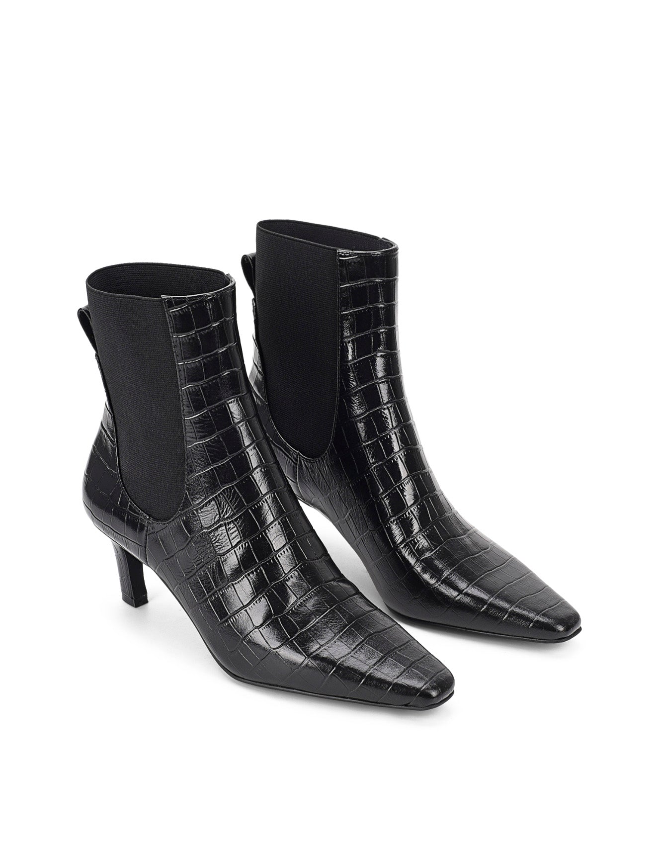 Women's black croc embossed leather heeled ankle boot with elastic gusset and pointed toe