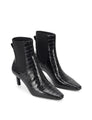 Women's black croc embossed leather heeled ankle boot with elastic gusset and pointed toe