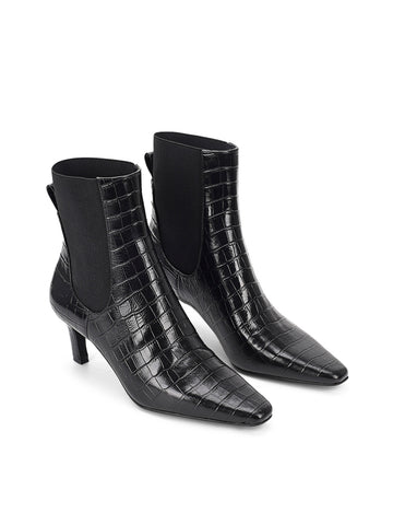 Women's black croc embossed leather heeled ankle boot with elastic gusset and pointed toe