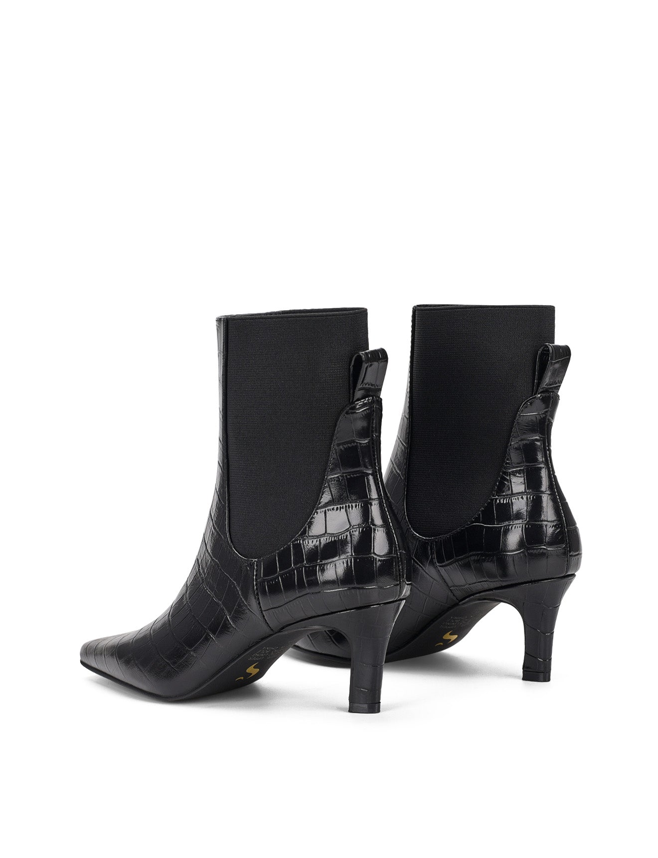 Women's black croc embossed leather heeled ankle boot with elastic gusset and pointed toe