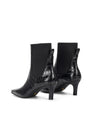 Women's black croc embossed leather heeled ankle boot with elastic gusset and pointed toe