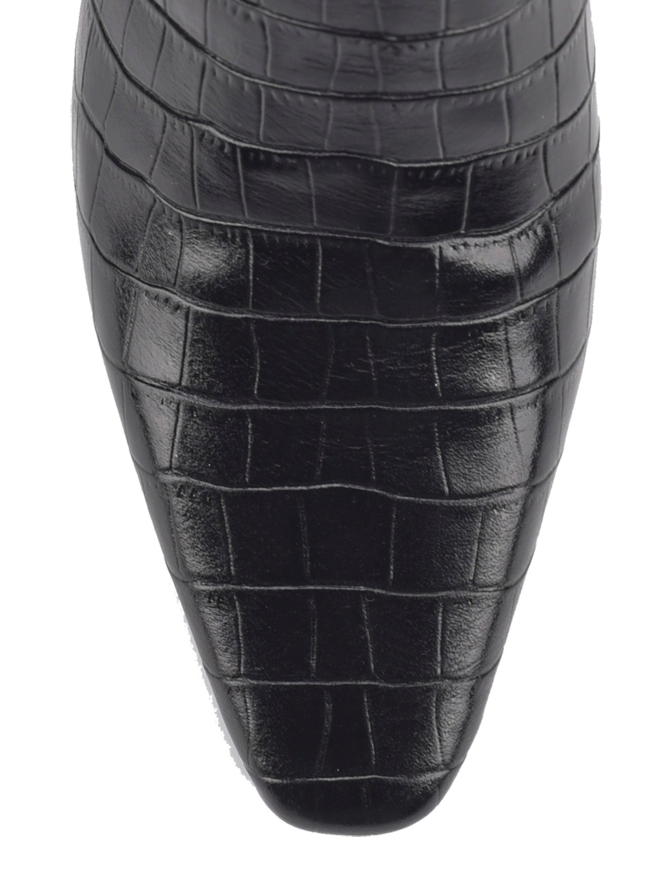Women's black croc embossed leather heeled ankle boot with elastic gusset and pointed toe