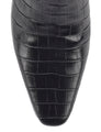 Women's black croc embossed leather heeled ankle boot with elastic gusset and pointed toe