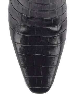 Women's black croc embossed leather heeled ankle boot with elastic gusset and pointed toe