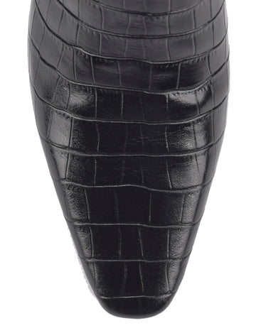 Women's black croc embossed leather heeled ankle boot with elastic gusset and pointed toe