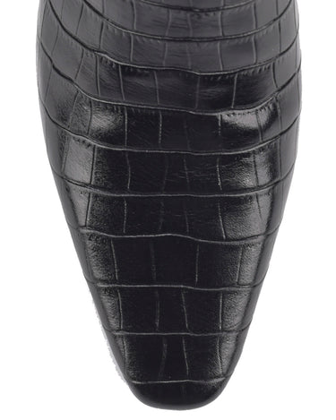 Women's black croc embossed leather heeled ankle boot with elastic gusset and pointed toe