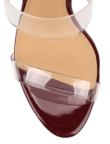 Women's red wine patent stiletto heel mule with clear vinylite upper