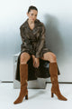 Women's tabacco brown suede leather knee high boot with block heel and pointed toe