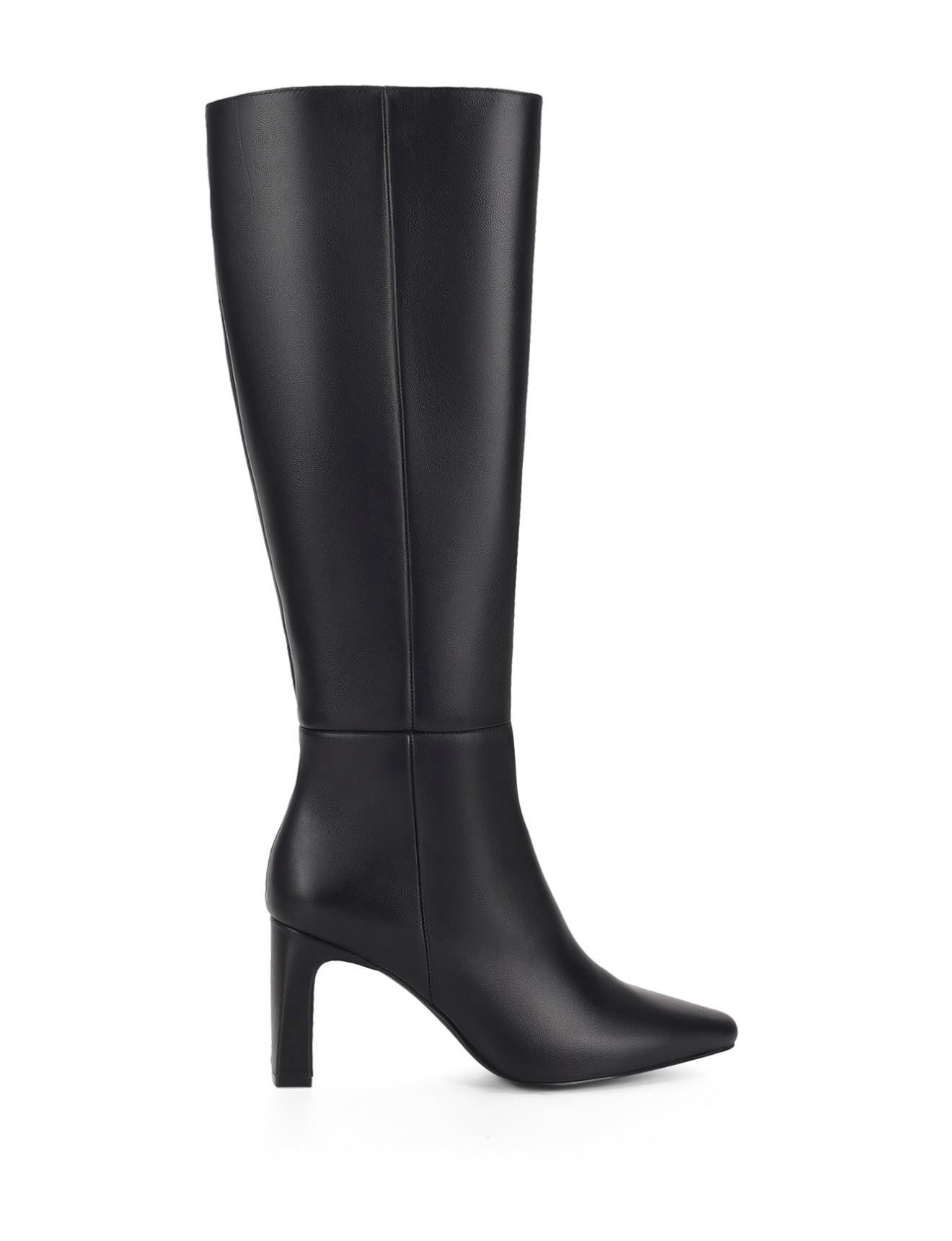 Women's black leather knee high boot with block heel and pointed toe