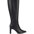 Women's black leather knee high boot with block heel and pointed toe