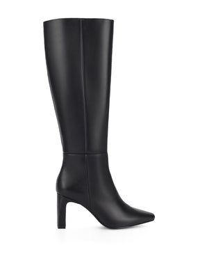 Women's black leather knee high boot with block heel and pointed toe