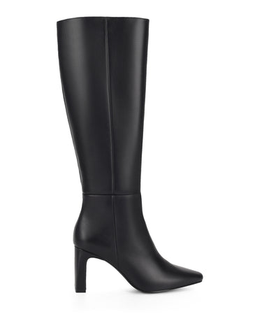 Women's black leather knee high boot with block heel and pointed toe