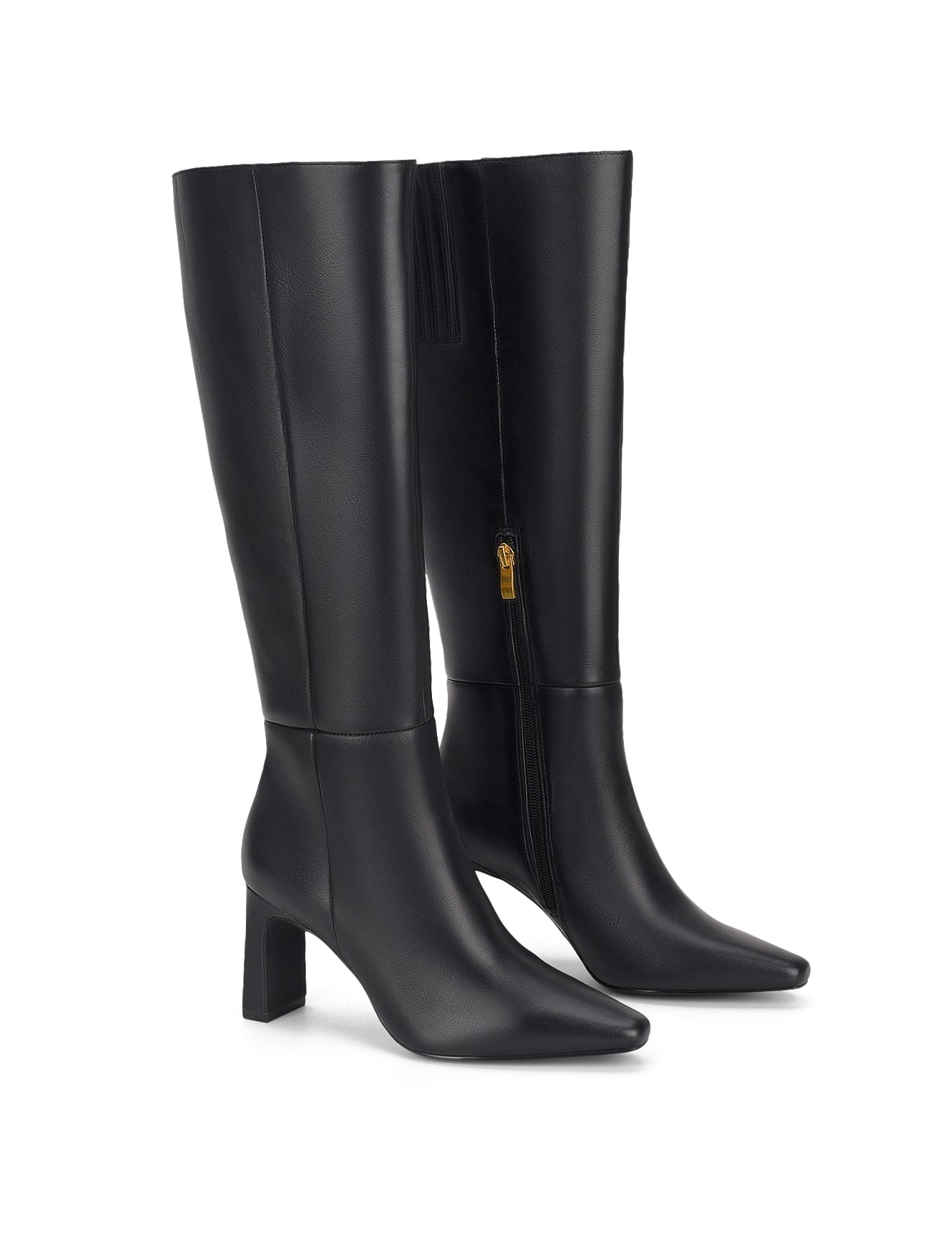 Women's black leather knee high boot with block heel and pointed toe