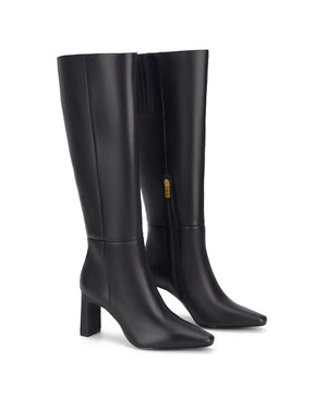 Women's black leather knee high boot with block heel and pointed toe