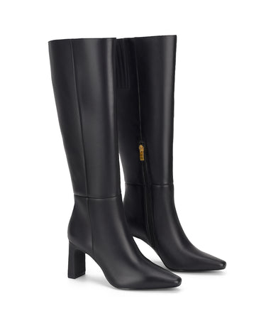 Women's black leather knee high boot with block heel and pointed toe
