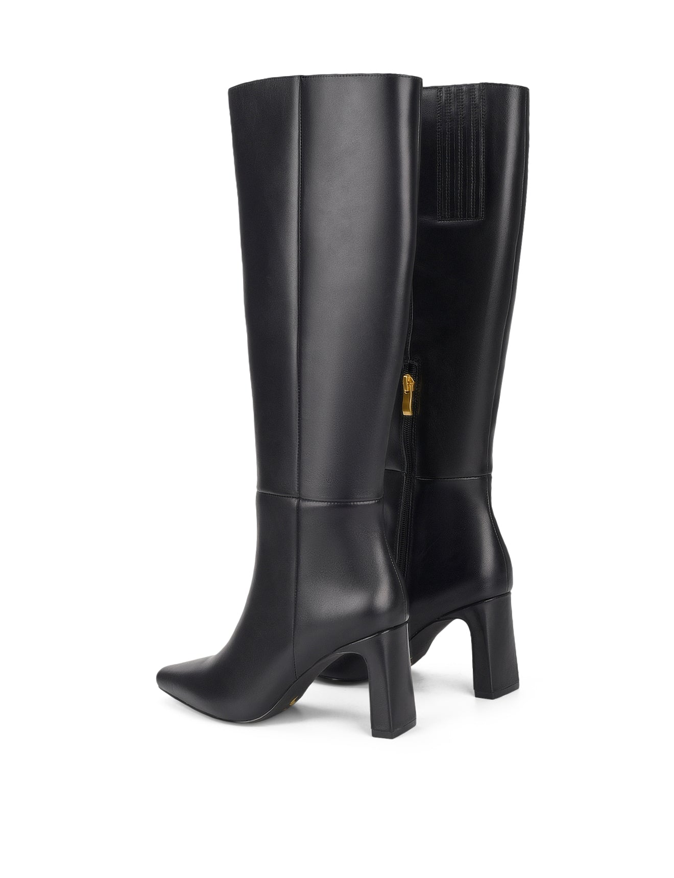 Women's black leather knee high boot with block heel and pointed toe