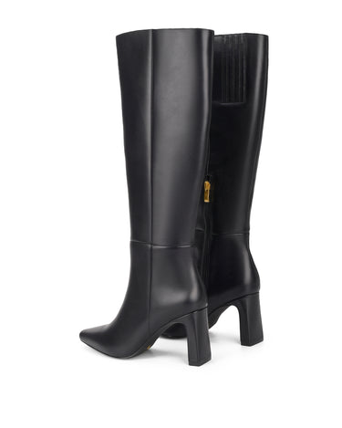 Women's black leather knee high boot with block heel and pointed toe