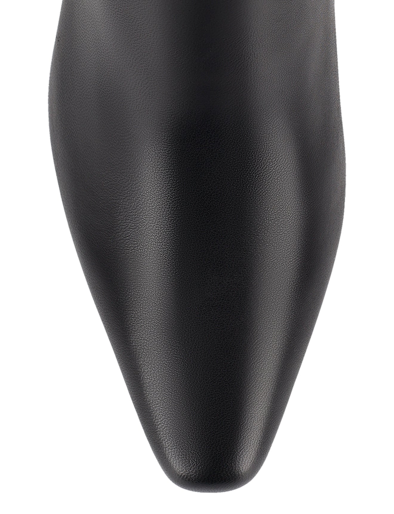 Women's black leather knee high boot with block heel and pointed toe