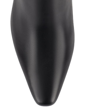 Women's black leather knee high boot with block heel and pointed toe