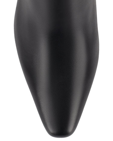 Women's black leather knee high boot with block heel and pointed toe