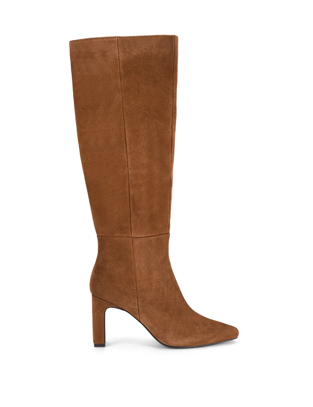 Women's tabacco brown suede leather knee high boot with block heel and pointed toe