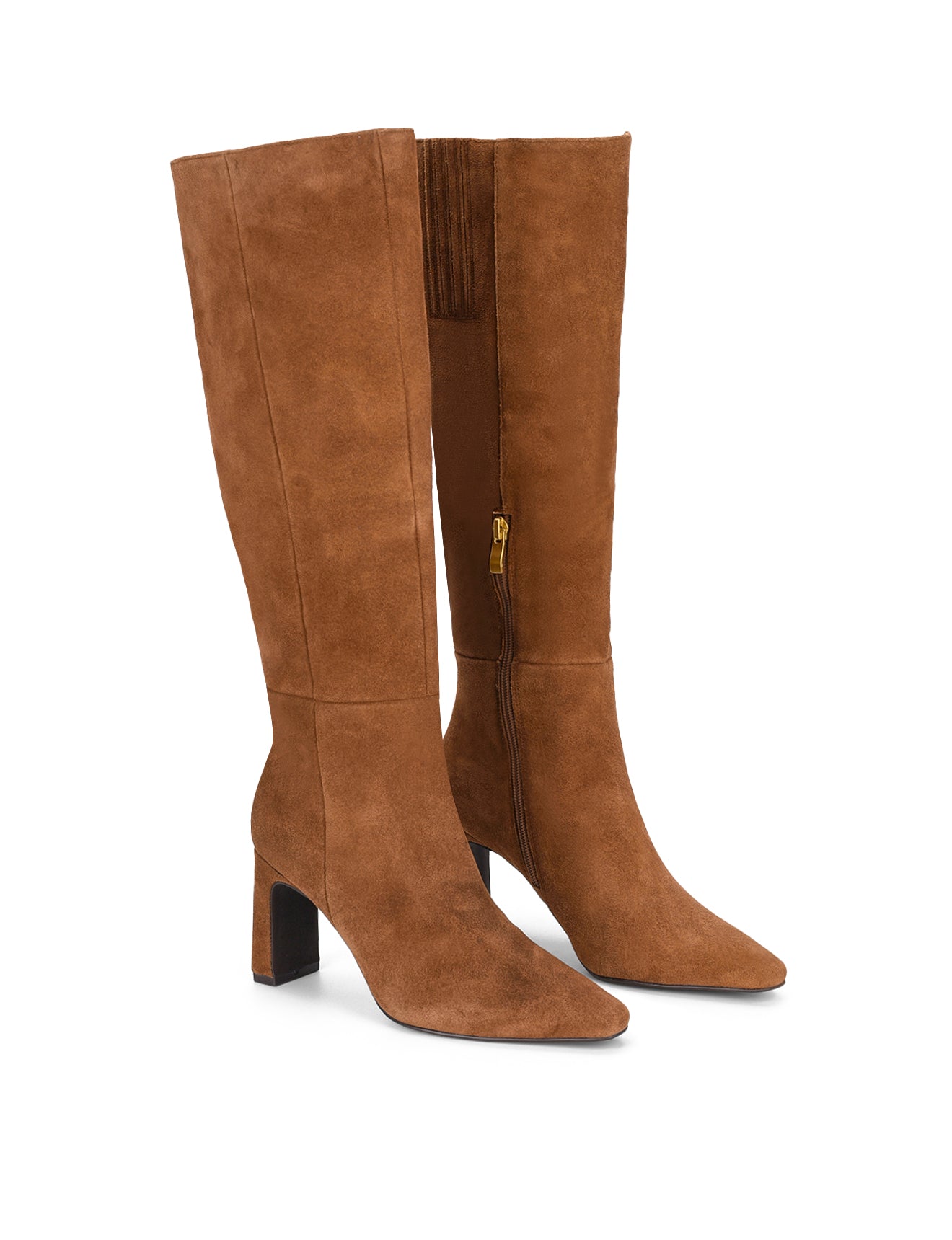 Women's tabacco brown suede leather knee high boot with block heel and pointed toe