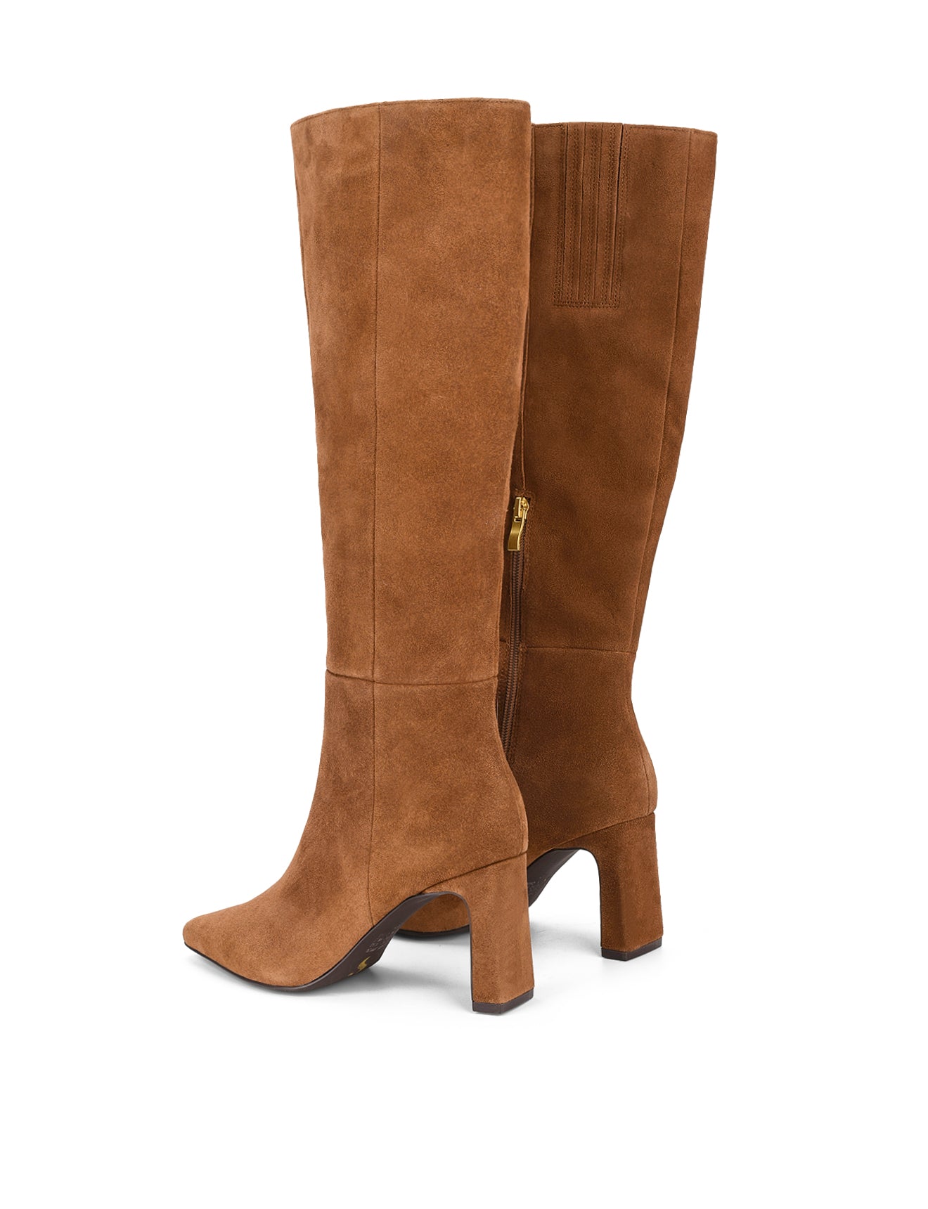 Women's tabacco brown suede leather knee high boot with block heel and pointed toe