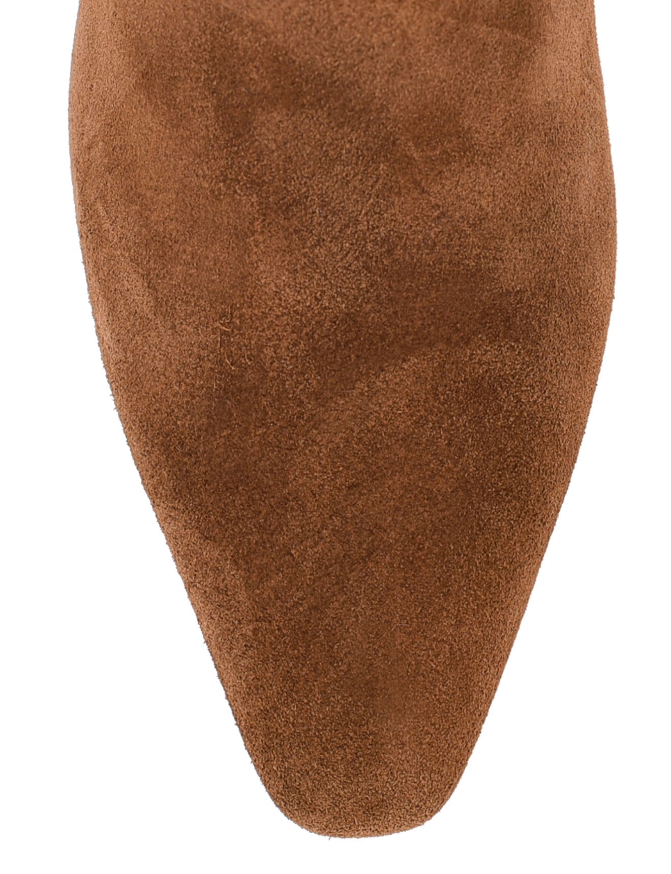 Women's tabacco brown suede leather knee high boot with block heel and pointed toe