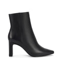 Women's black leather heeled ankle boot with pointed toe and thin block heel