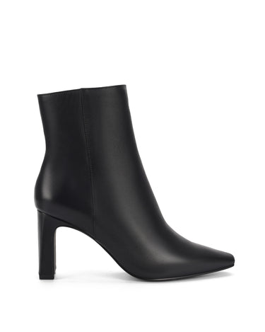 Women's black leather heeled ankle boot with pointed toe and thin block heel
