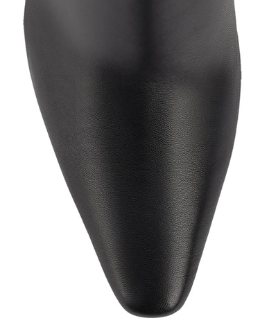 Women's black leather heeled ankle boot with pointed toe and thin block heel