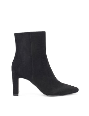 Women's black suede heeled ankle boot with pointed toe and thin block heel