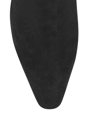 Women's black suede heeled ankle boot with pointed toe and thin block heel