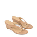 Women's wedge heeled thong in almond tan leather