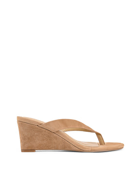 Women's wedge heeled thong in camel tan suede leather